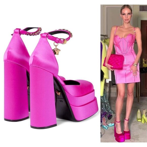 VERSACE Aevitas Fuchsia Crystal-Embellished Platform Block Heel Pumps Si… - Picture 6 of 17